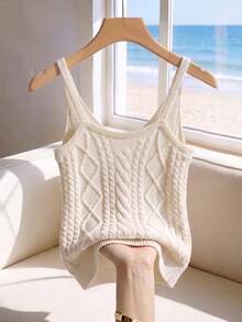 SHEIN Franclia Women's Basic Minimalist Fashion Twist Rope Texture Camisole Tank Top, Suitable For Vacation - Apricot - View 2