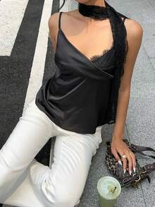 Aloruh 黑色性感蕾丝拼接细肩带系领修身女式衬衫 - 黑色 - 查看 6