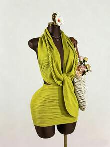 SaltGleam SaltGleam Women's Solid Color Halter Neck Backless Sexy Date & Outing Summer Dress - Green - View 3