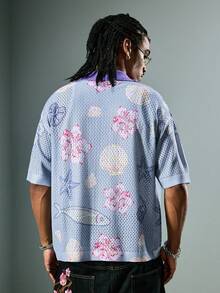 ROMWE MEN Street Life Camisa de punto de manga corta con botones y estampado de criaturas marinas en colores contrastantes para hombre - Multicolor - Ver 7