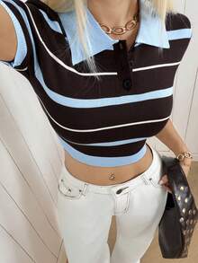 SHEIN EZwear Áo dệt kim ngắn ôm sát kẻ sọc tương phản dành cho nữ - Nhiều màu - Xem 6