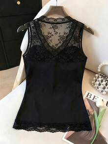 SHEIN Franclia Women's Elegant Lace Patchwork V-Neck Camisole - Black - View 2