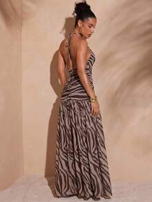 Hauture Sexy Summer Vacation Abstract Printed Deep Plunge Ruched Halter Open Back Maxi Dress - Multicolor - View 2