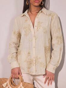 Veilorie Damen Bluse mit bestickter Knopfleiste und Langarm, elegant für Frühling und Sommer - Khaki - Übersicht 2
