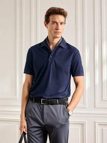 Officeau Polo décontracté d'été pour hommes, col rafraîchissant, style business, pour vacances, manches courtes, t-shirt - Bleu marine - Voir 1
