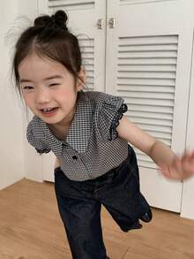 Dazy Kids 女童格子泡泡袖荷叶边韩版上衣 - 黑與白 - 查看 5
