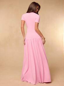 SHEIN BAE Vestido maxi elegante de unicolor rosa con manga corta ajustada, abertura alta y fruncido, para primavera/verano - Rosa - Ver 2