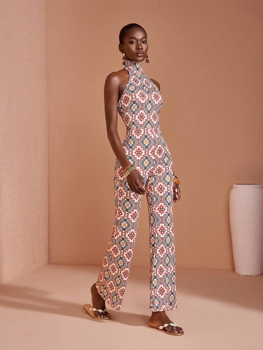 JIAN LASALA Bộ jumpsuit nữ mùa hè phong cách boho, không tay, cổ yếm buộc dây, ống loe, in họa tiết toàn thân, kiểu dáng thường ngày. - Nhiều màu - Xem 1