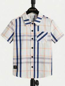 SHEIN Tween Boy Plaid Print Button-Front Casual Short Sleeve Shirt - Multicolor - View 3