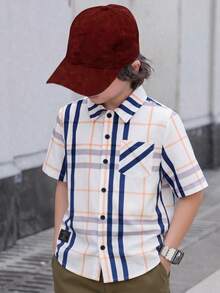 SHEIN Tween Boy Plaid Print Button-Front Casual Short Sleeve Shirt - Multicolor - View 4
