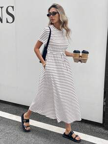 SHEIN Essnce Robe décontractée pour femmes grandes tailles, robe à manches courtes, robe rayée, tenues d'été pour femmes, robe de remise des diplômes, tenues de sortie - Marron - Voir 2