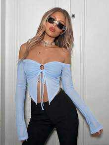 SHEIN ICON Blusa negra de primavera con hombros descubiertos, cordón frontal y bajo con abertura de malla - Celeste - Ver 4