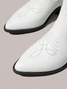 Styleloop Giày nữ thời trang cổ điển phương Tây gót dày gợi cảm mũi nhọn đế dày kiểu slip-on da PU thêu họa tiết lễ hội - Màu trắng 1 - Xem 11