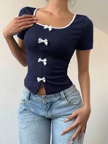 Aloruh Áo thun ngắn tay nữ kiểu dáng thường ngày, phối nơ màu tương phản. - Màu xanh hải quân - Xem 3