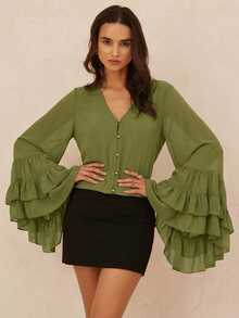 BELROSIE French Fashion Vacation Minimalist Generous Old Money Versatile Loose V-Neck Gold Button Ruffle Hem Long Sleeve Top - Green - View 3