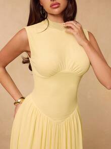 SHEIN BAE Đầm xòe không tay, cổ bẻ, xếp ly eo, màu vàng nhạt trơn, thanh lịch, thích hợp cho những buổi hẹn hò lãng mạn, kỳ nghỉ biển, dã ngoại hoặc dự đám cưới. - Màu vàng - Xem 7
