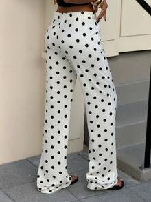 SHEIN Tall CURVE 加大码女式黑白波点针织喇叭裤，女式抽绳阔腿裤，黑白长裤，波点裤，黑白波点裤，女式夏季服装 - 白色 - 查看 3