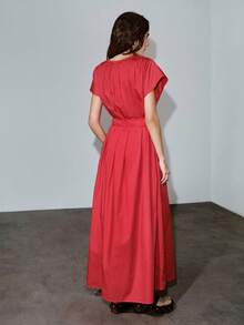 MOTF PREMIUM VESTIDO DE ALGODÓN 100% CON CUELLO EN V, CASUAL URBANO Y PARA CITAS, PRIMAVERA/VERANO - Rojo - Ver 4