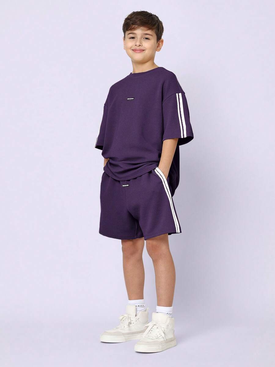 Boys Textured Crew Neck T-Shirt And Shorts Co-Ord Set With Contrast Side Stripe Detailing Casual Summer Outfit - Purple - View 1