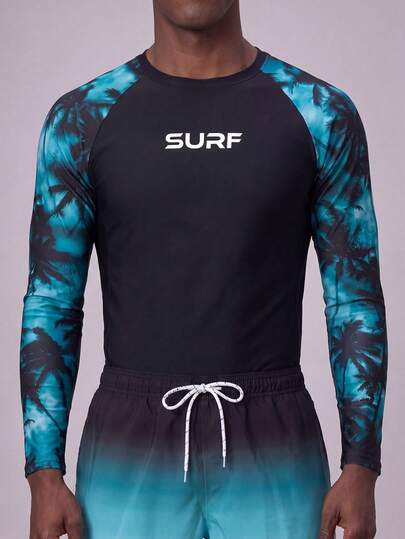 Palasendo 2 Stück Herren Buchstaben- und Palmenbaum Muster Raglanärmel Top und Shorts Badebekleidungsset, Hawaii-Stil