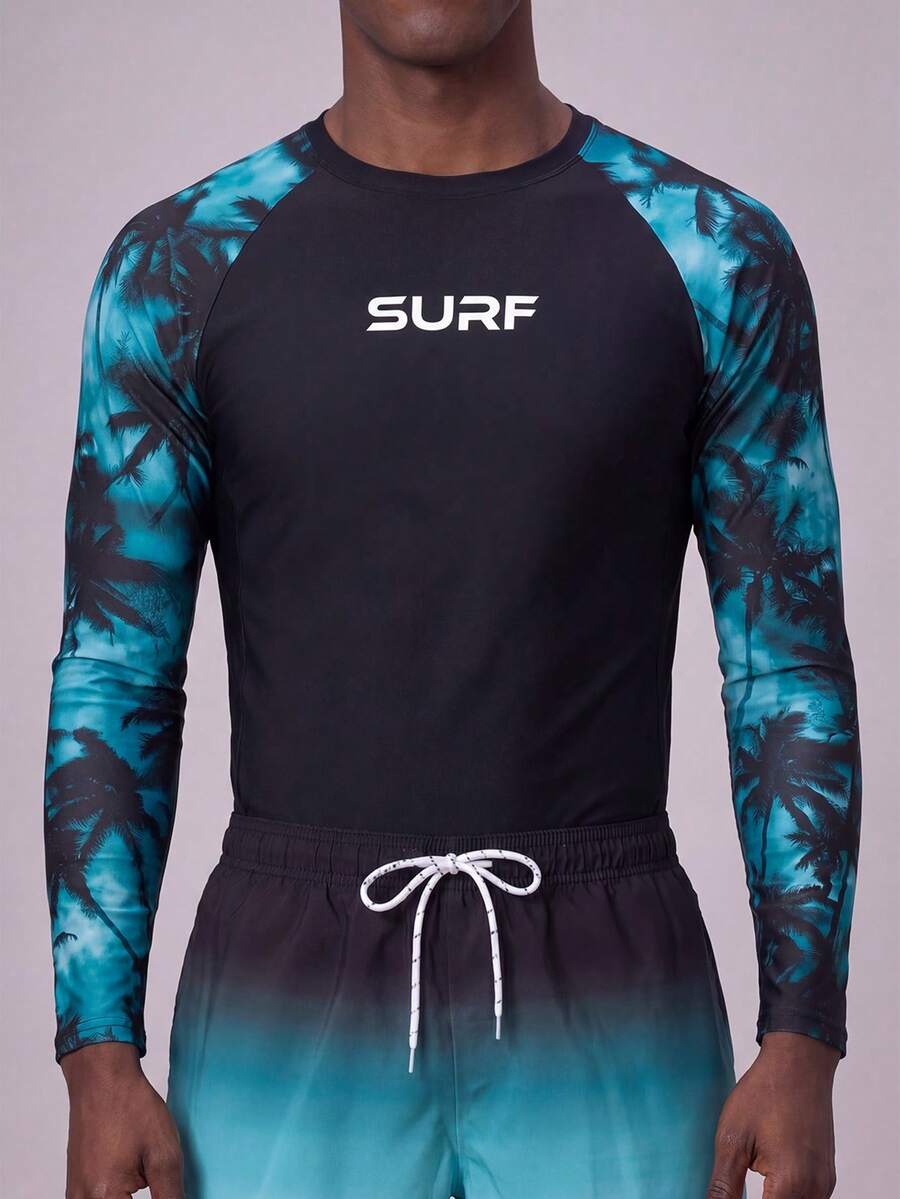 Palasendo Bộ đồ bơi 2 mảnh in chữ và cây cọ cho nam, áo tay dài Raglan và quần short, quần bơi nam, phong cách Hawaii - Nhiều màu - Xem 1