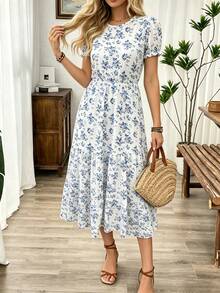 SHEIN Holidaya Allover Print Ruffle Hem Dress Maxi Women Outfit - Blue and White - View 3