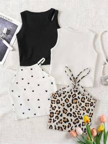 SHEIN Elladie kids 4件套女童Y2K豹纹、波点、爱心图案拼接无袖露脐上衣，修身、柔软舒适，适合度假、海滩派对等场合。豹纹上衣、爱心上衣、白色上衣、黑色上衣——多种款式可自由搭配。 - 彩色 - 查看 2