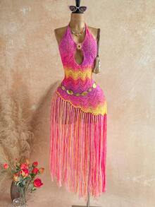 Soleia V-Neck Pink And Yellow Fish Scale Knit Fringe Mini Dress,Boho Summer Beach Vacation Holiday,Metal Decor Gradient Hippie Party Western Style - Multicolor - View 4