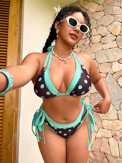 Swim Mod Bộ bikini hai mảnh cỡ lớn in họa tiết chấm bi phối màu tương phản, kiểu buộc dây cổ, xẻ tà, rất cần thiết cho kỳ nghỉ hè và du lịch biển.