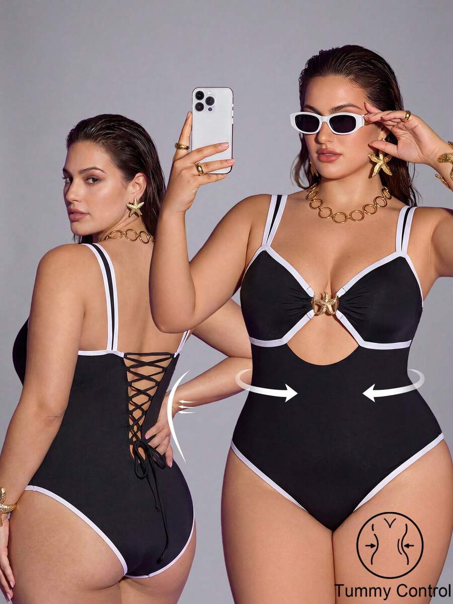 Shapewave 2026 New Plus Size Women Beach Holiday Colorblock Adjustable Strap Starfish Decor Backless One-Piece Swimsuit  For Women Holiday - Multicolor - View 1