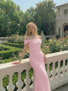 SHEIN MOD Women's Elegant Romantic Solid Color Off-Shoulder Fishtail Dress Summer Wedding Dinner Baby Pink - Pink - View 2