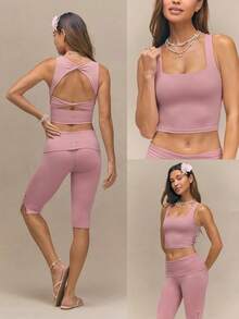 GLOWMODE FeatherFit™ Active Ambition butterweiche Crop Top mit quadratischem Ausschnitt, verdrehtem offenem Rücken, abnehmbaren Cups, für aktives Yoga, Pilates, Alltagstragen mit geringer Belastung - Rostige Rose - Übersicht 8