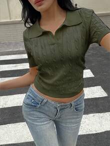 SHEIN Unity Twisted Rope Polo Neck Yellow Knit Top - Green - View 5