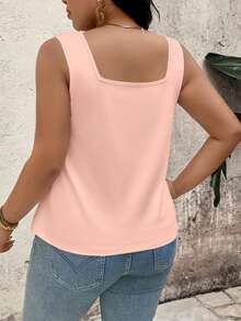 EMERY ROSE Plus Size Square Neck Tank Top, Vertical Pleats Design Flatters Figure, Loose & Comfortable Fit, Friendly Shoulder Straps - Dusty Pink - View 2