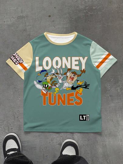 LOONEY TUNES X SHEIN Tween Boy Summer Casual Contrast Color Letter & Cartoon Graphic Round Neck Short Sleeve T-Shirt