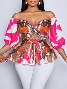SOLERSUN Plus Size Elegant All-Over Print Off-Shoulder Lantern Sleeve Ruffle Hem Blouse - Hot Pink - View 2
