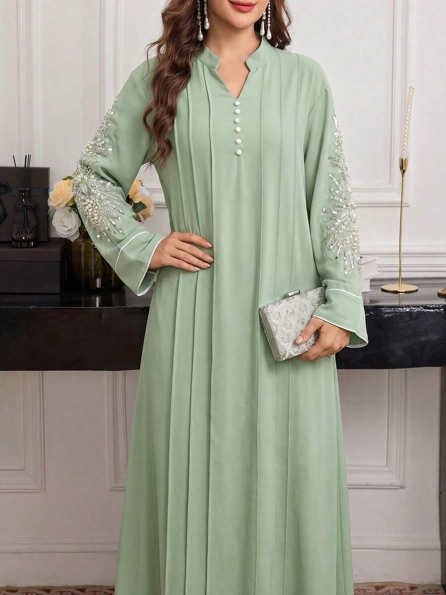 SHEIN Najma Đầm kiểu Ả Rập cổ đính hạt, viền hoa tương phản. - màu xanh lá - Xem 1