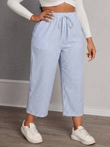SHEIN PETITE CURVE PETITE CURVE 大码蓝白条纹棉质休闲裤，带口袋和侧开衩，适合春夏休闲、度假、通勤穿着。这款阔腿棉质裤风格百搭，充满波西米亚风情，性感迷人。条纹阔腿裤，夏季休闲裤，春季百搭单品。 - 藍白色 - 查看 4