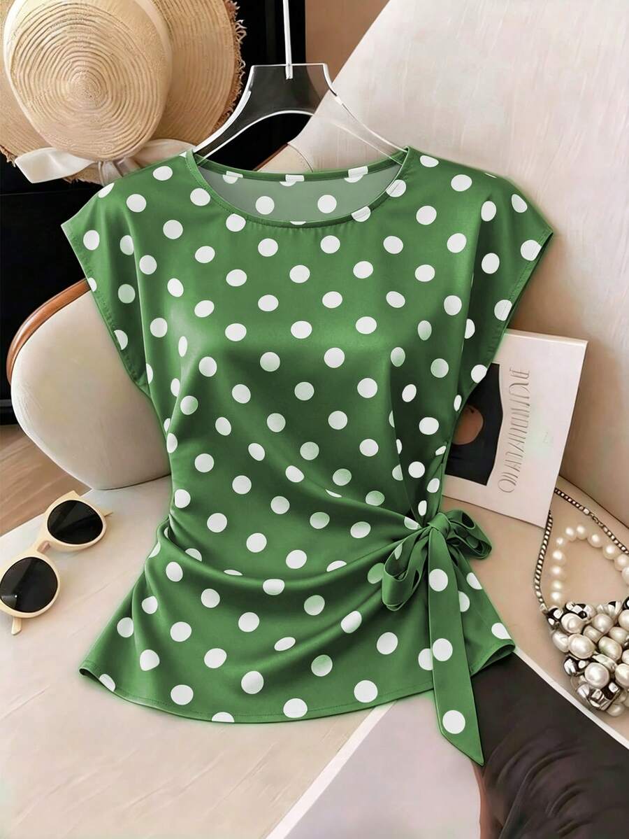 Franclia Áo thun nữ tay ngắn cổ tròn, thắt eo, chấm bi bằng vải satin, kiểu dáng mới, thích hợp cho mùa hè. - xanh quân đội - Xem 1