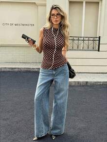 Siren Gaze 棕色底白色波点印花图案女式休闲背心，适合春夏、夏季、度假、通勤、约会、聚会、秋冬、圣诞节、新年、感恩节、派对、婚礼、海滩、毕业典礼等场合，时尚、优雅、休闲、外出、约会、预订、通勤、闪亮、情人节、优雅、度假、休闲、Y2K、外出、毕业典礼等场合。 - 彩色 - 查看 7