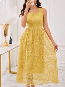 Modelyn Đầm ren vàng, dây đeo vai, vạt bèo nhún, thích hợp cho mùa xuân/hè. - Màu vàng - Xem 4