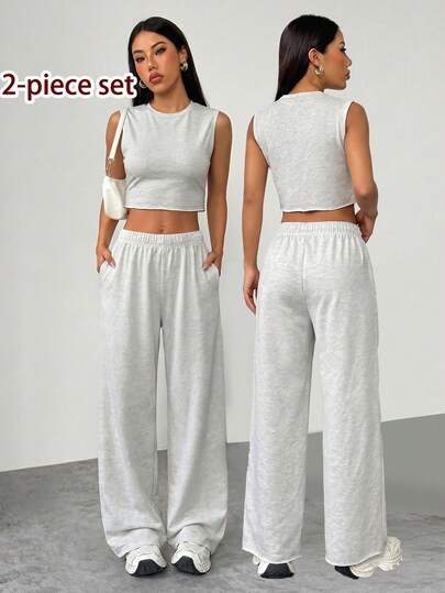 SHEIN PETITE 2件套女士纯色圆领休闲宽松上衣和裤子全白套装