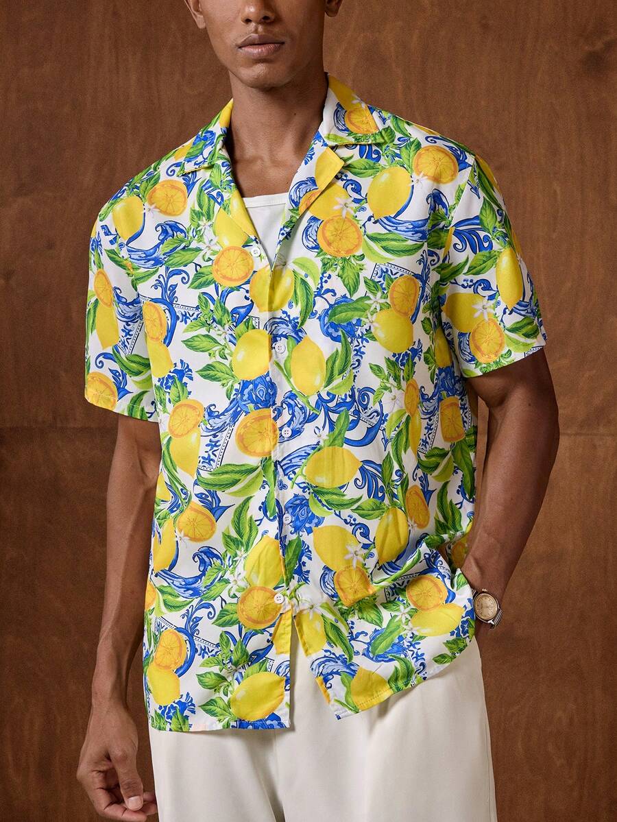 AKNOTIC Vacation Style Digital Print Turndown Collar Short Sleeve Button-Down Shirt For Men - Multicolor - View 1