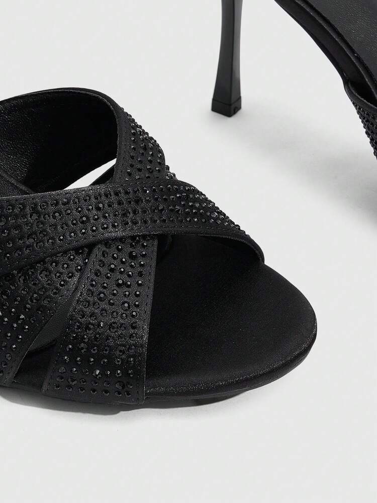 CUCCOO SZL Women's Fashion Round Toe Satin Rhinestones Sparkling Evening Wear Wedding Lightweight Daily Commute Party Style Outdoor Slip-On Stiletto High Heels Sandals