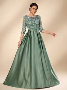 Serin Đầm maxi sang trọng, thanh lịch với chất liệu satin, đính hạt, sequin, ren, tay áo voan mỏng và eo xếp ly, thích hợp cho đám cưới, tiệc tùng, kỳ nghỉ, cô dâu, mẹ cô dâu. - màu xanh lá - Xem 1