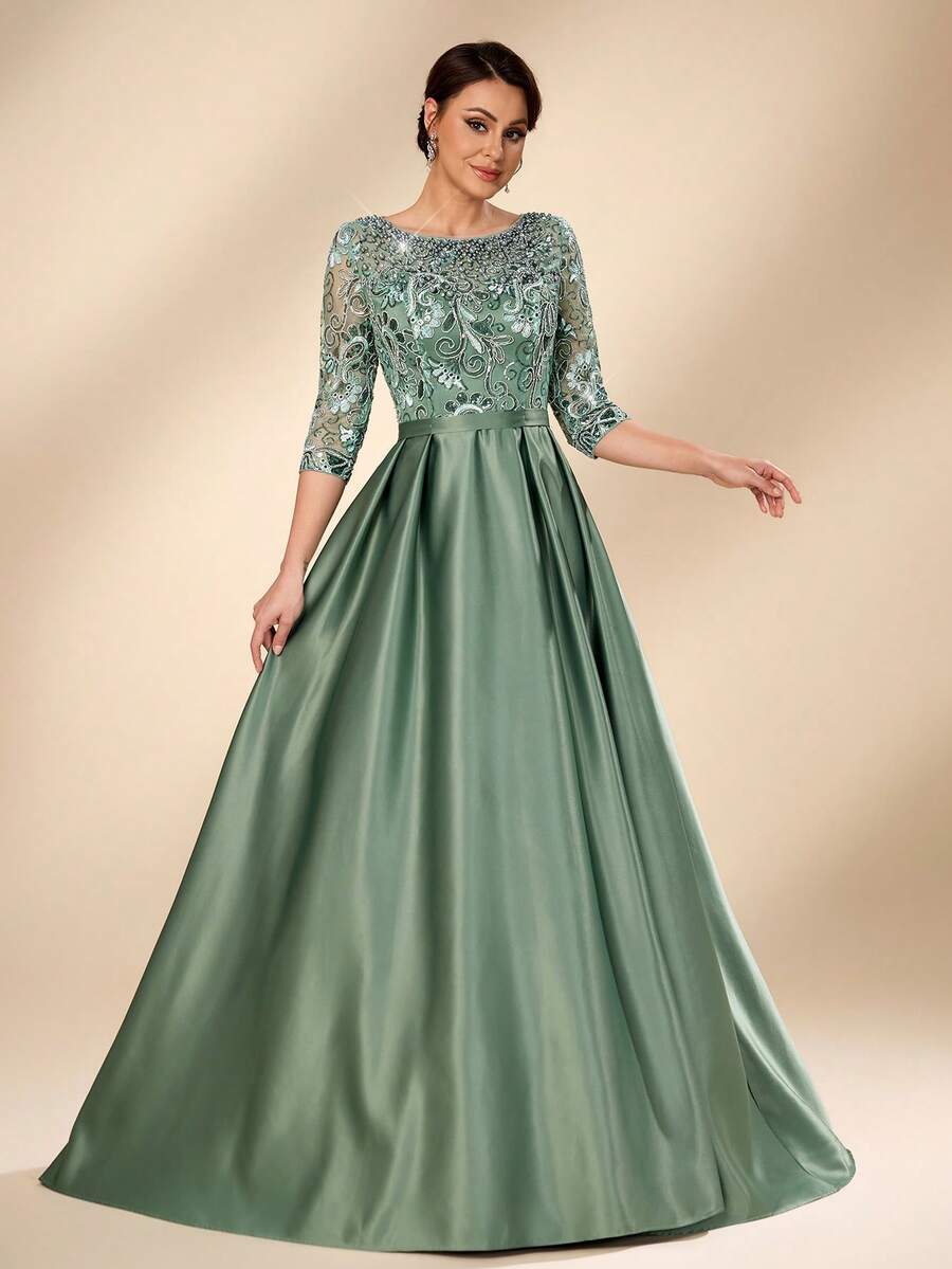 Serin Đầm maxi sang trọng, thanh lịch với chất liệu satin, đính hạt, sequin, ren, tay áo voan mỏng và eo xếp ly, thích hợp cho đám cưới, tiệc tùng, kỳ nghỉ, cô dâu, mẹ cô dâu. - màu xanh lá - Xem 1