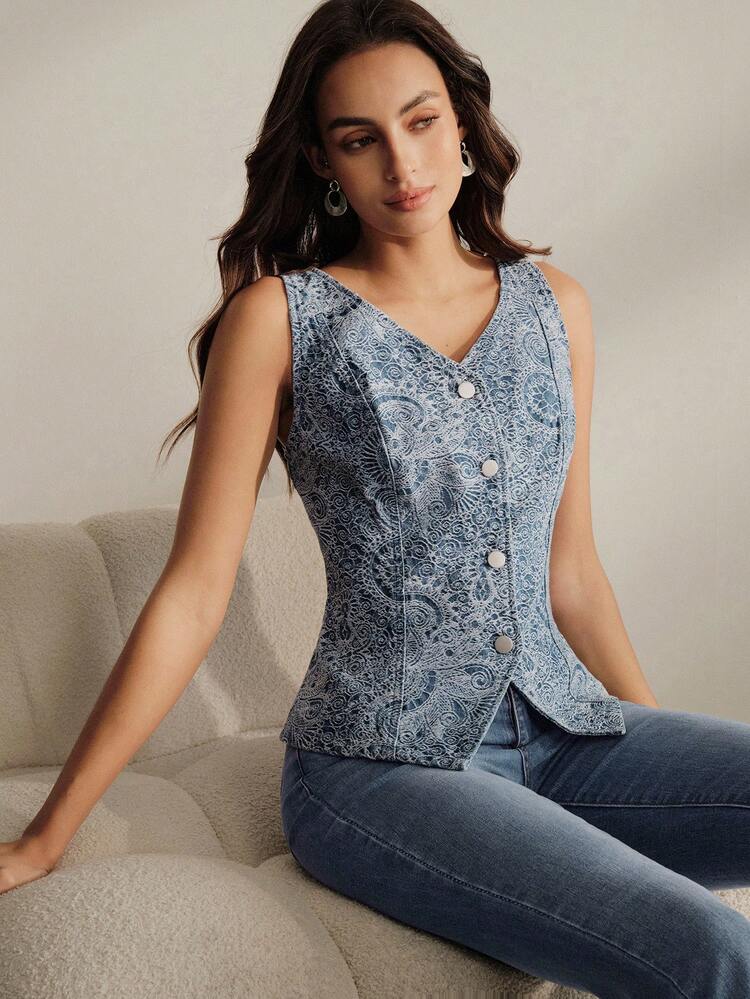 Women's Fashion Jacquard Fabric Vacation Style Blue Denim Vest