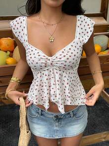 SHEIN EZwear Áo thun nữ dệt kim họa tiết, tay ngắn, viền bèo nhún, cổ tim, kiểu dáng thanh lịch, thích hợp cho các buổi tiệc rave. - Nhiều màu - Xem 3