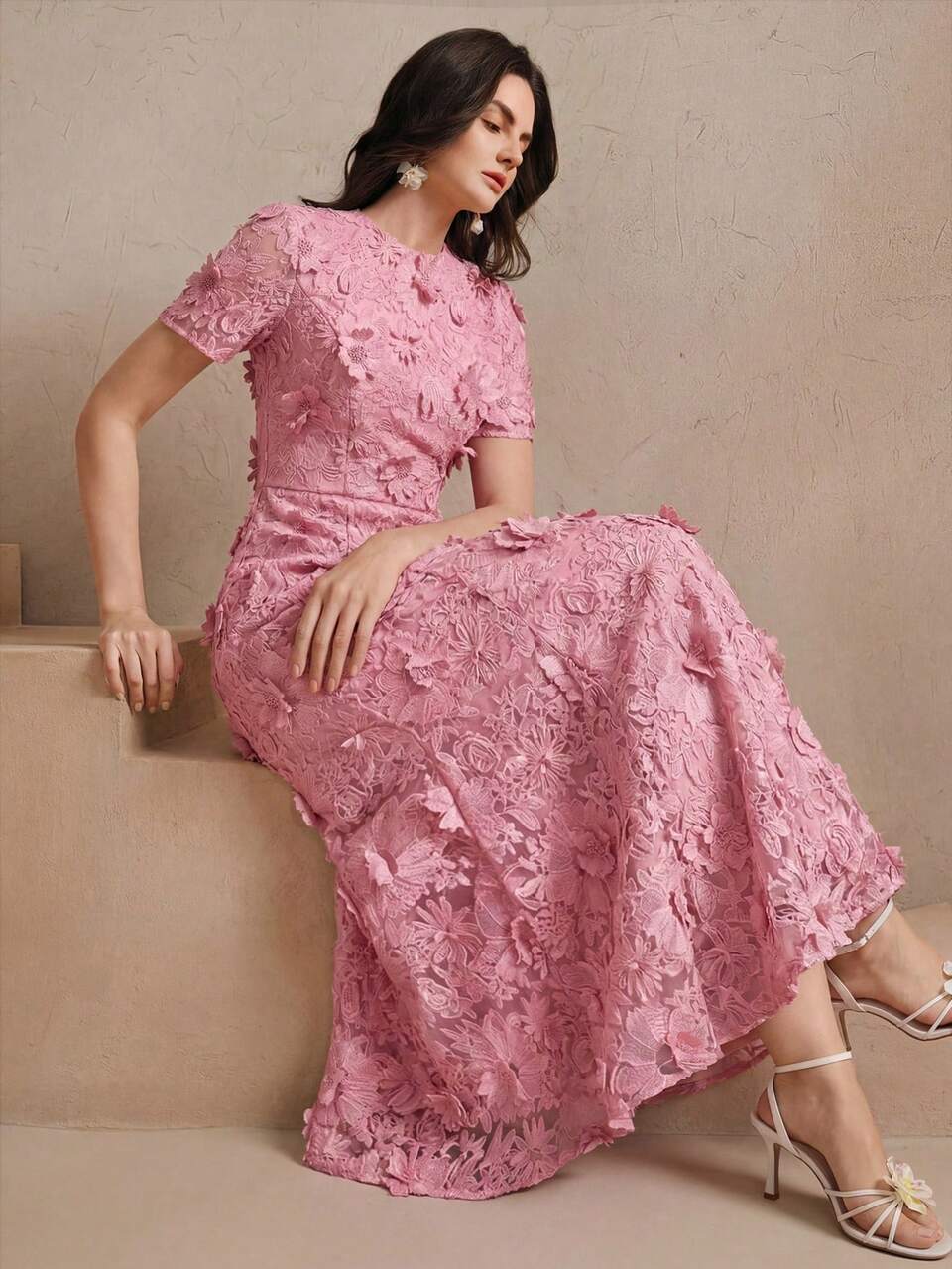 Anewsta Elegant Women's Round Neck Short Sleeve 3D Floral Fishtail Hem Dress, Pink Lace Dress For Women Elegant