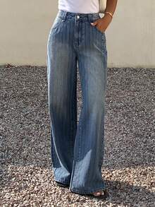 Livesso Quần jean nữ ống rộng cạp cao dáng suông, chất liệu denim mài, kiểu dáng thường ngày. - Màu xanh lam - Xem 6